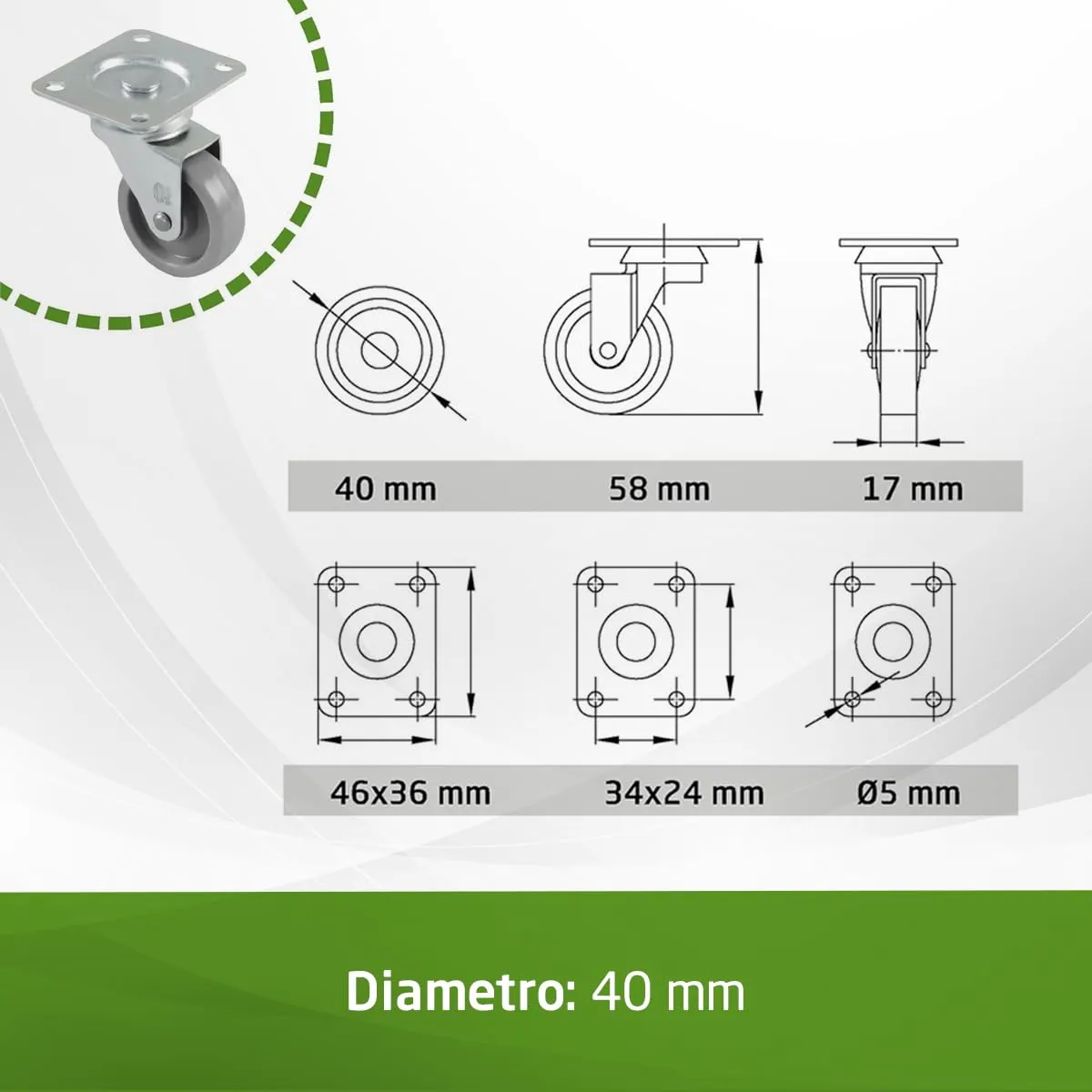 Amig 2500 Ruote Mobili Nylon Ø40 mm Grigie 4 Pezzi