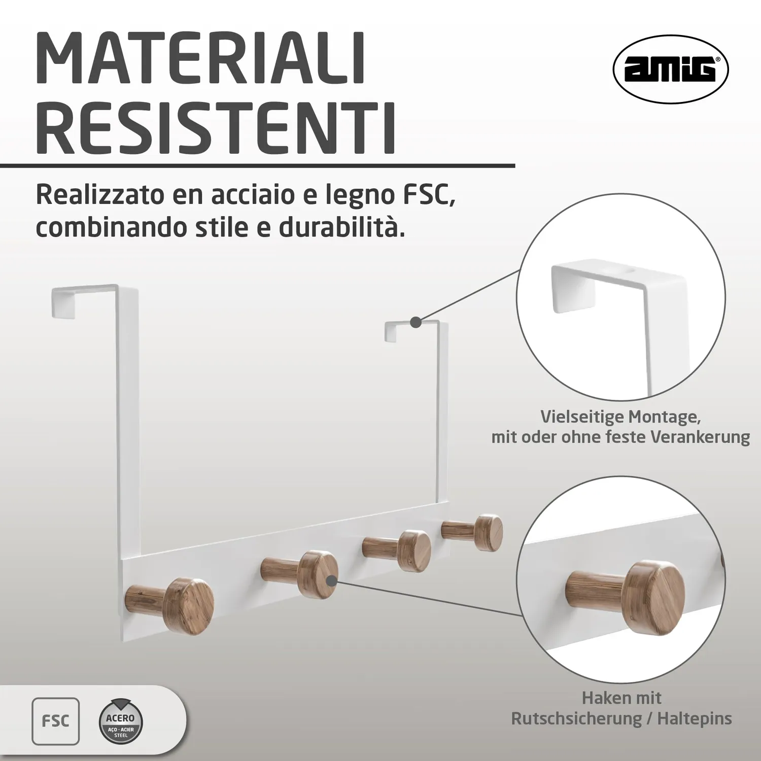 Amig CP43 appendiabiti per porta bianco 2 pezzi acciaio legno