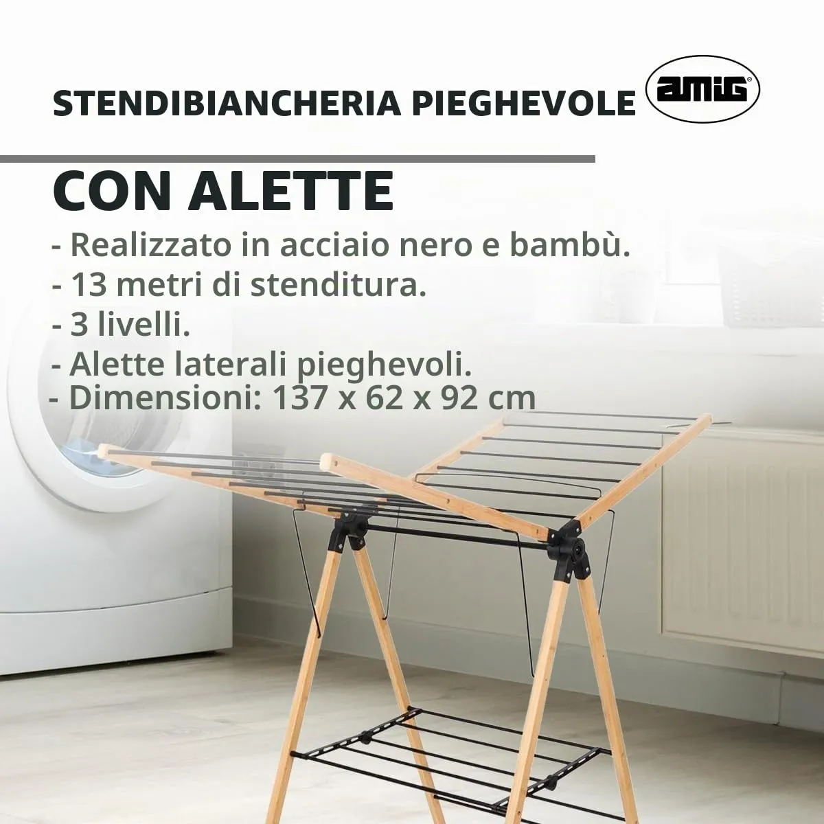 Amig Aeria NaturDry stendibiancheria nero bambu 13 m