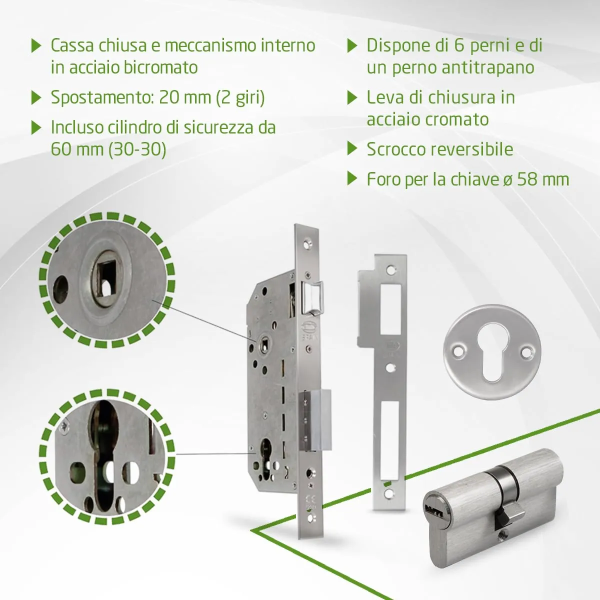Amig Serratura da Incasso Porta Legno Cromato Opaco 5 Chiavi